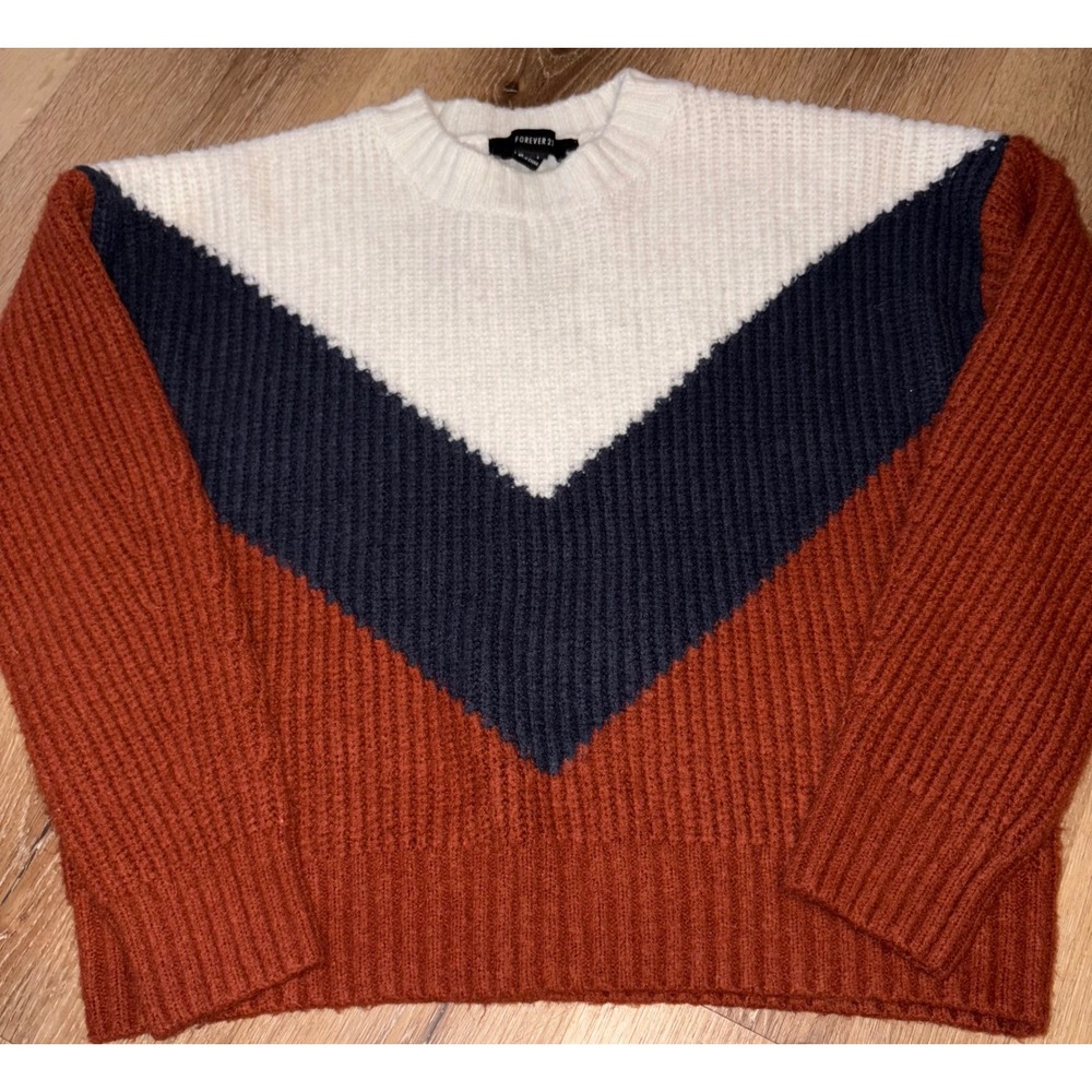 Forever‎ 21 Womens Color Block Sweater Brown Blue Cream Knit Pullover Large